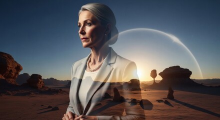 Visionary Woman: Double Exposure of Business Leader in Desert Landscape