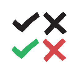Obraz premium Hand-drawn checkmarks and cross symbols in black, green, and red. Rough brushstroke style ideal for UI elements, infographics, forms, and creative presentations.