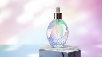 Pastel Dropper Bottle with Sparkles on a Pedestal

