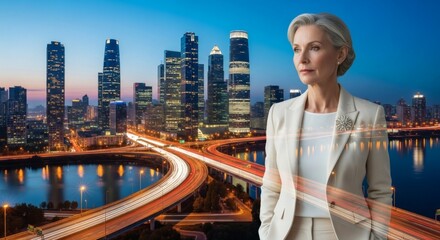Confident Businesswoman Contemplating Modern Cityscape at Dusk