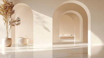 Minimalist Beige Interior Arched Design Soft Lighting Modern Elegant Furniture Tranquil Space