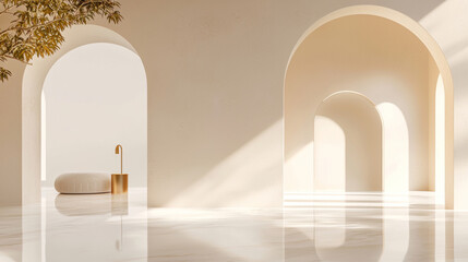 Minimalist Beige Interior Arched Design Soft Lighting Modern Elegant Furniture Tranquil Space