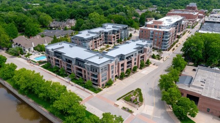 Fototapeta premium Aerial View of Modern Residential Complex Near Urban River Bank