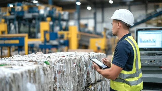 Industrial worker in safety gear inspects tall stacks of recycled paper bales in bright warehouse, machines and digital monitors visible, illustrating modern sustainable waste mana