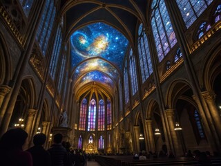 Interior view of a cathedral featuring stained glass windows and a celestial themed ceiling art installation