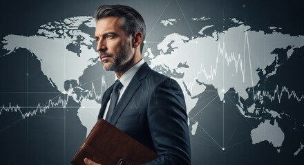 Confident Businessman Against World Map Background with Financial Charts