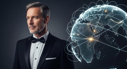 Global Businessman: Sophisticated Portrait with Networked World