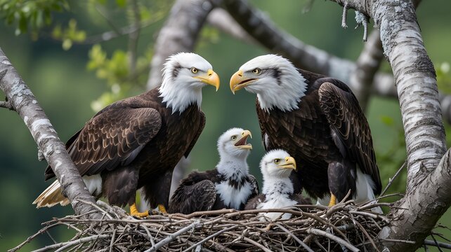 Bald eagles family in nest on a branch with baby eagles and parent birds looking at each other