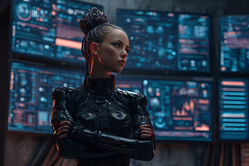 Confident Female Cybersecurity Specialist Analyzing Futuristic Server Network in High Tech Control Room