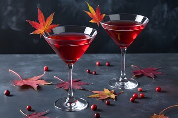 Festive cranberry cocktails with autumnal maple leaf garnishes on dark background