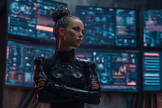 Confident Female Cybersecurity Specialist Analyzing Futuristic Server Network in High Tech Control Room - Powered by Adobe