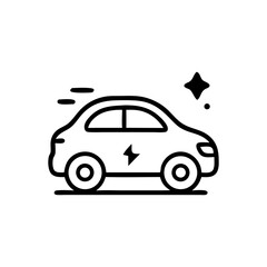 Simple black and white illustration of an electric car in motion, sparkling.