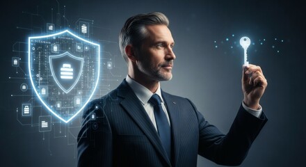 Businessman Holding Digital Key to Cybersecurity Protection
