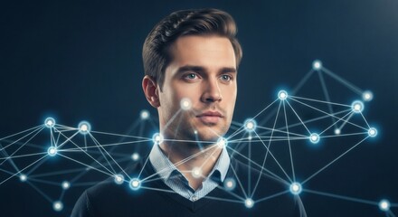 Thoughtful Young Man with Abstract Network Connections