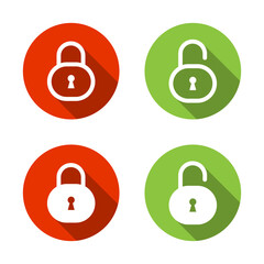 Lock and unlock icon with long shadow. Privacy protection sign symbol