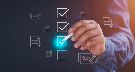 Businessman mark off items on digital checklist, Quality Assurance and Document Control Icons, representing quality assurance and document control processes, verification and compliance