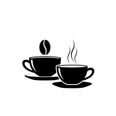 Obraz premium Two coffee cups with steam and a coffee bean on one cup in black and white illustration style