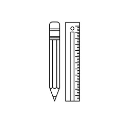 Line drawing of a pencil with eraser and a ruler for measuring on a white background simple design