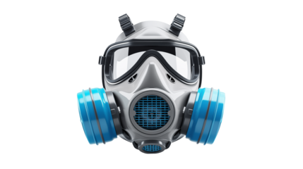 A detailed gas mask showcases advanced respiratory protection equipment on transparent backdrop.