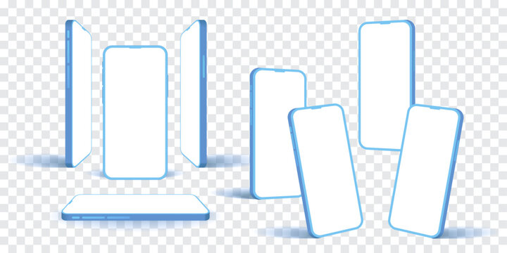 3D Smartphone Mockup Set – Blue Edge Mobile Phone Front, Side, Perspective, Horizontal, Flat Lay Views on Transparent Background. Realistic Vector for App Design and Mockup Template.
