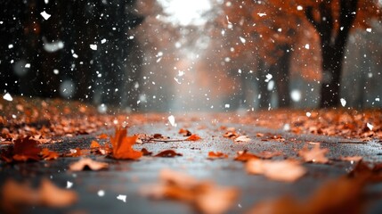 Autumnal snowfall on a wet road