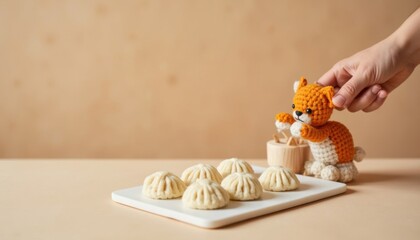 Crafting cute fun with a crocheted cat and delicious dumplings on a simple table setting