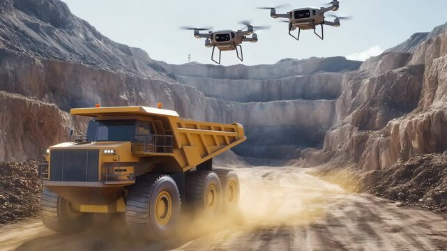 A large dump truck is working on a mining site while drones observe from above the rugged terrain