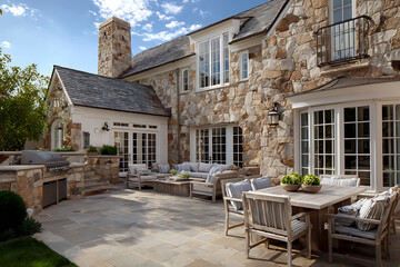 Elegant Bluestone Patio with Stone Grill in Upscale Outdoor Living Space