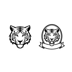 Obraz premium Two tiger head designs in black and white with one inside a circle with a banner below it design