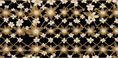 A seamless geometric pattern with golden stars creates a vintage wallpaper design perfect for textile and fabric decoration