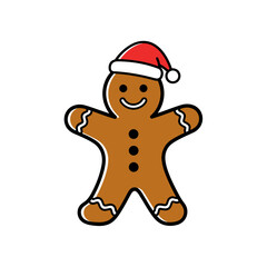 Obraz premium A gingerbread man wearing a santa hat with a smile and buttons on a white background isolated