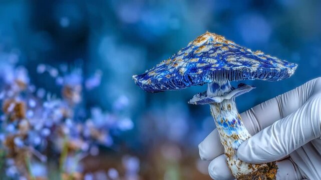 Detailed macro shot of a single psilocybin mushroom in a gloved hand against a sterile laboratory background, emphasizing mycology research and alternative medicine potential of ps