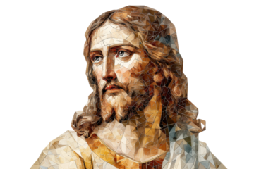 PNG Mosaic art depiction of long-haired bearded man with thoughtful expression