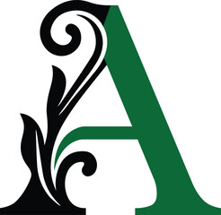 Elegant decorative letter A with floral swirl design in black and green tones