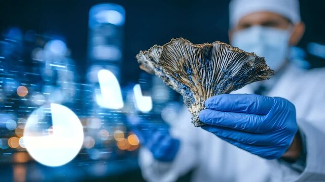 Detailed macro shot of a single psilocybin mushroom in a gloved hand against a sterile laboratory background, emphasizing mycology research and alternative medicine potential of ps
