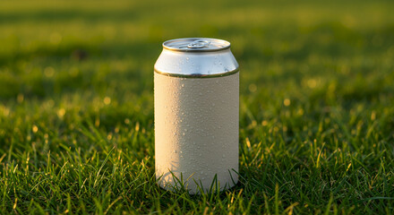 Aluminum can with condensation on grass in natural sunlight  