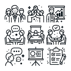 A collection of business-themed line art icons depicting teamwork, presentation, discussion, and project management.
