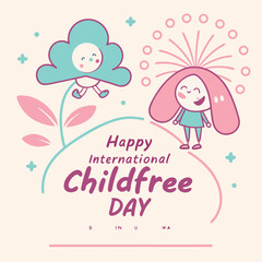 Happy Childfree Day: Two Cute Cartoon Characters, a Flower and a Bunny, Smiling Joyfully