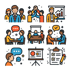 Collection of colorful illustrations depicting various business and teamwork activities.