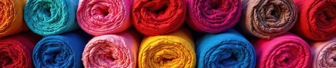 Vibrant, tightly bound bales of colorful fabric stacked high, creating a visually stunning texture and color explosion Perfect for textile, craft, and design projects , background, detail, silk