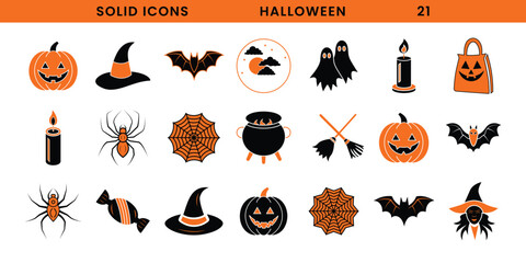 Halloween vector solid icons set. Coloured Halloween icons featuring bats pumpkins spiders witches and ghosts