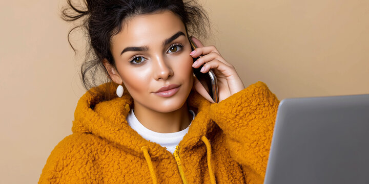 L&auml;chelnde Frau in gelbem Strickpullover telefoniert entspannt auf grauem Sofa