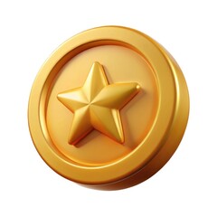Golden star coin with shiny metallic texture isolated on white background