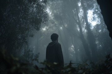 Obraz premium man standing alone in misty forest surrounded by tall trees and dense fog in moody atmosphere during early morning light