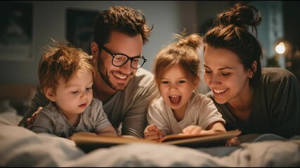 Young family with two small children indoors in bedroom reading a book - Powered by Adobe