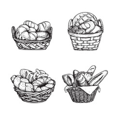 Baskets with fresh bakery goods set. Hand drawn sketch style. Bread, loafs and buns. Vector illustration isolated on white.