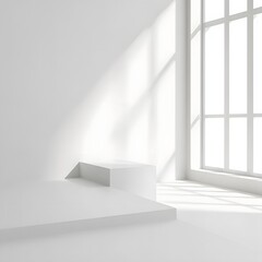 Obraz premium White minimalist interior design studio background with window and platform mockup space