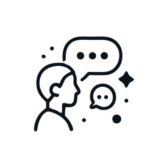 Person engaged in thoughtful conversation, represented by speech bubbles and sparkling details.