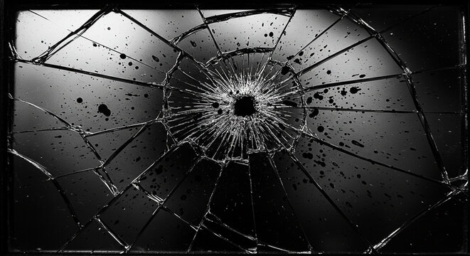 Cracked glass close-up with spider web pattern in black and white  