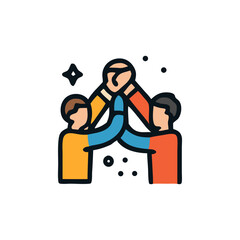 Three figures in a high-five gesture, symbolizing teamwork, success, and collaboration. Sparkles and dots add to the celebratory mood.